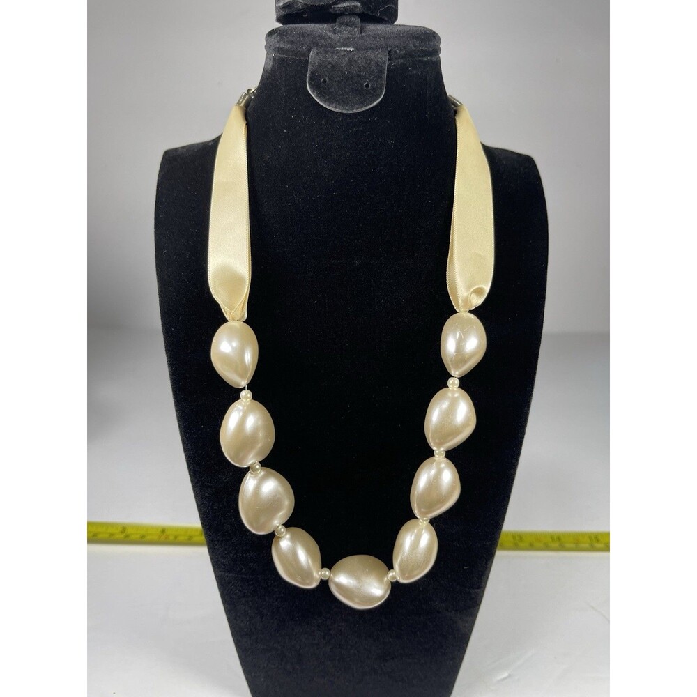 Chunky Faux Pearl Ribbon Choker Necklace Cream Statement Baroque Pod Beads 10"